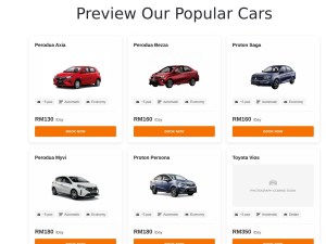 The KSSK fleet grid: vehicle cards showing photograph, seats, transmission and category, with the daily rate and a book button, including a labelled placeholder for a car still awaiting photography.