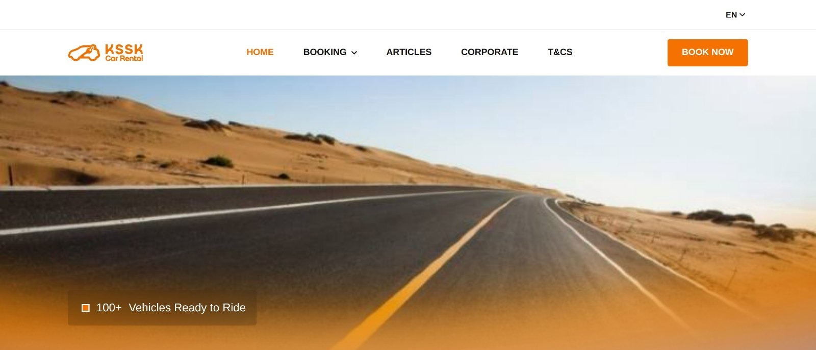 The KSSK Car Rental home page: brand header with an English and Bahasa Malaysia switcher, hero, and the booking widget asking for delivery address, return address and dates.